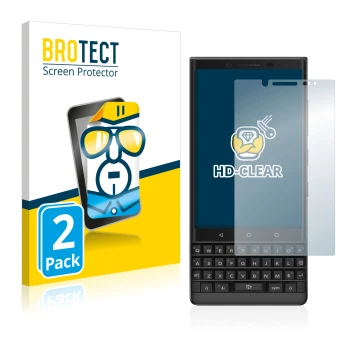 Parte frontal de un envase de producto con el logotipo de la marca BROTECT. Al lado se muestra el dispositivo BlackBerry Key2 
