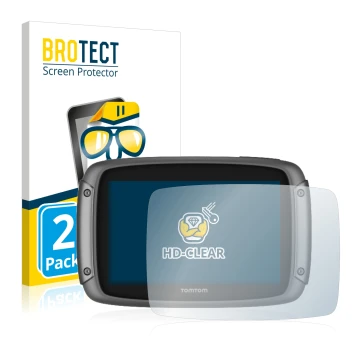 Parte frontal de un envase de producto con el logotipo de la marca BROTECT. Al lado se muestra el dispositivo TomTom Rider 500