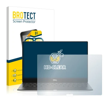 Parte frontal de un envase de producto con el logotipo de la marca BROTECT. Al lado se muestra el dispositivo Dell XPS 13 9370