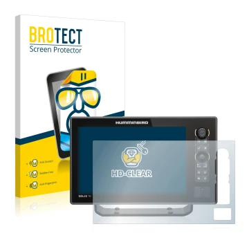Parte frontal de un envase de producto con el logotipo de la marca BROTECT. Al lado se muestra el dispositivo Humminbird Solix