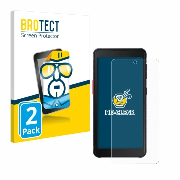 Parte frontal de un envase de producto con el logotipo de la marca BROTECT. Al lado se muestra el dispositivo Samsung Galaxy X