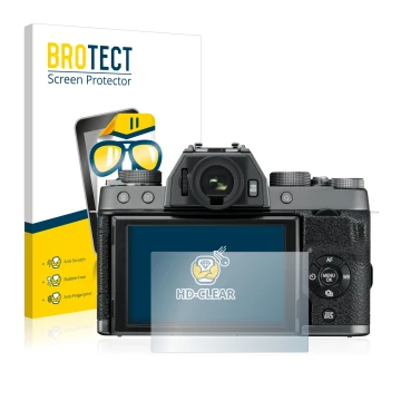 Parte frontal de un envase de producto con el logotipo de la marca BROTECT. Al lado se muestra el dispositivo Fujifilm X-T100 
