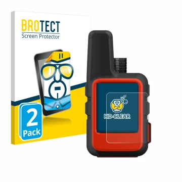 Parte frontal de un envase de producto con el logotipo de la marca BROTECT. Al lado se muestra el dispositivo Garmin inReach M