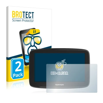 Parte frontal de un envase de producto con el logotipo de la marca BROTECT. Al lado se muestra el dispositivo TomTom GO Basic 