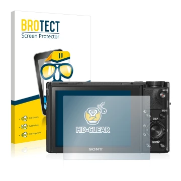 Parte frontal de un envase de producto con el logotipo de la marca BROTECT. Al lado se muestra el dispositivo Sony Cyber-Shot 