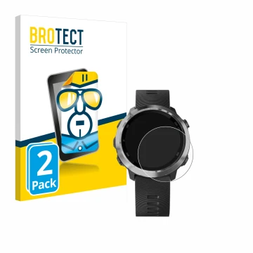 Parte frontal de un envase de producto con el logotipo de la marca BROTECT. Al lado se muestra el dispositivo Garmin Forerunne