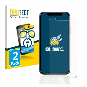 Parte frontal de un envase de producto con el logotipo de la marca BROTECT. Al lado se muestra el dispositivo Apple iPhone Xs 