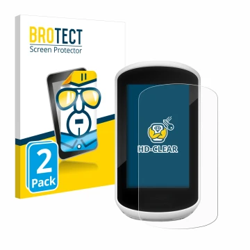 Parte frontal de un envase de producto con el logotipo de la marca BROTECT. Al lado se muestra el dispositivo Garmin Edge Expl