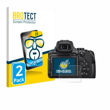 Parte frontal de un envase de producto con el logotipo de la marca BROTECT. Al lado se muestra el dispositivo Nikon Coolpix P1
