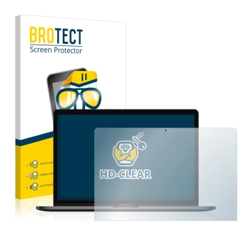 Parte frontal de un envase de producto con el logotipo de la marca BROTECT. Al lado se muestra el dispositivo Apple MacBook Pr