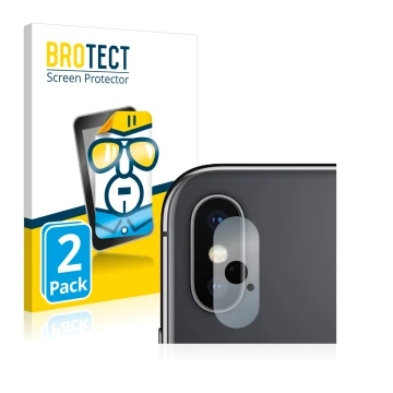 Parte frontal de un envase de producto con el logotipo de la marca BROTECT. Al lado se muestra el dispositivo Apple iPhone Xs 