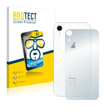 Parte frontal de un envase de producto con el logotipo de la marca BROTECT. Al lado se muestra el dispositivo Apple iPhone XR 