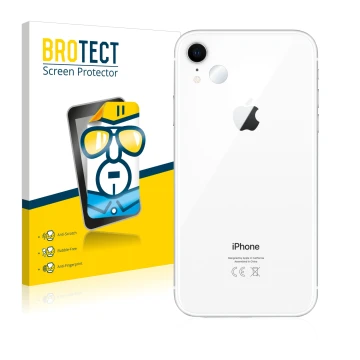 Parte frontal de un envase de producto con el logotipo de la marca BROTECT. Al lado se muestra el dispositivo Apple iPhone XR 