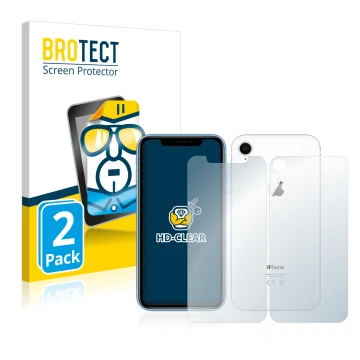 Parte frontal de un envase de producto con el logotipo de la marca BROTECT. Al lado se muestra el dispositivo Apple iPhone XR 