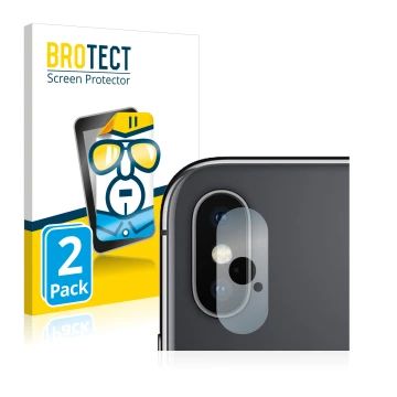 Parte frontal de un envase de producto con el logotipo de la marca BROTECT. Al lado se muestra el dispositivo Apple iPhone Xs 