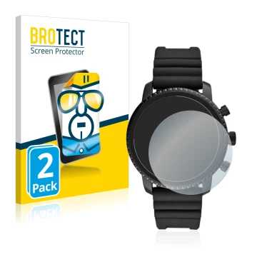 Parte frontal de un envase de producto con el logotipo de la marca BROTECT. Al lado se muestra el dispositivo Fossil Q Explori