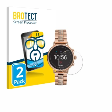 Parte frontal de un envase de producto con el logotipo de la marca BROTECT. Al lado se muestra el dispositivo Fossil Q Venture