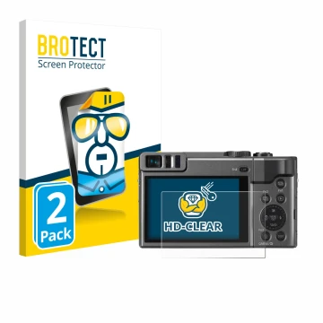 Parte frontal de un envase de producto con el logotipo de la marca BROTECT. Al lado se muestra el dispositivo Panasonic Lumix 