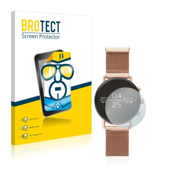 Parte frontal de un envase de producto con el logotipo de la marca BROTECT. Al lado se muestra el dispositivo Skagen Smartwatc
