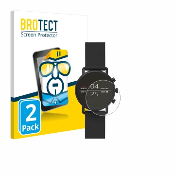 Parte frontal de un envase de producto con el logotipo de la marca BROTECT. Al lado se muestra el dispositivo Skagen Smartwatc
