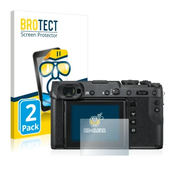 Parte frontal de un envase de producto con el logotipo de la marca BROTECT. Al lado se muestra el dispositivo Fujifilm GFX 50R