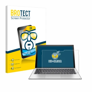 Parte frontal de un envase de producto con el logotipo de la marca BROTECT. Al lado se muestra el dispositivo HP Elite x2 1013