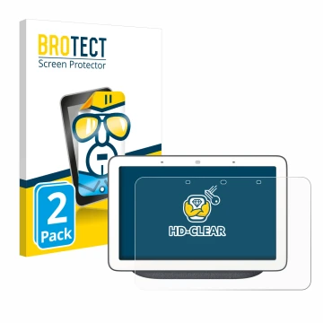 Parte frontal de un envase de producto con el logotipo de la marca BROTECT. Al lado se muestra el dispositivo Google Home Hub 