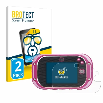 Parte frontal de un envase de producto con el logotipo de la marca BROTECT. Al lado se muestra el dispositivo Vtech Kidizoom T