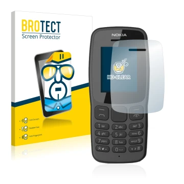 Parte frontal de un envase de producto con el logotipo de la marca BROTECT. Al lado se muestra el dispositivo Nokia 106 2018 c