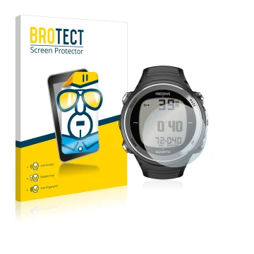 Parte frontal de un envase de producto con el logotipo de la marca BROTECT. Al lado se muestra el dispositivo Suunto D4F con s