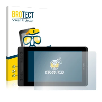 Parte frontal de un envase de producto con el logotipo de la marca BROTECT. Al lado se muestra el dispositivo Huion Kamvas Pro