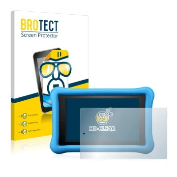 Parte frontal de un envase de producto con el logotipo de la marca BROTECT. Al lado se muestra el dispositivo Amazon Fire HD 8