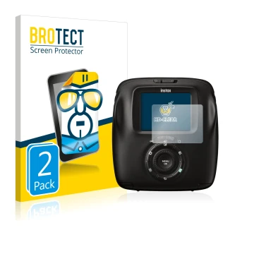 Parte frontal de un envase de producto con el logotipo de la marca BROTECT. Al lado se muestra el dispositivo Fujifilm Instax 