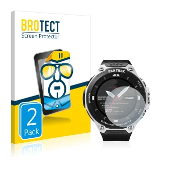 Parte frontal de un envase de producto con el logotipo de la marca BROTECT. Al lado se muestra el dispositivo Casio Pro Trek S