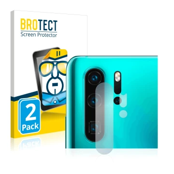 Parte frontal de un envase de producto con el logotipo de la marca BROTECT. Al lado se muestra el dispositivo Huawei P30 Pro (