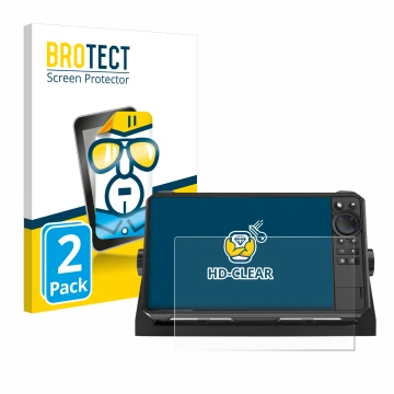 Parte frontal de un envase de producto con el logotipo de la marca BROTECT. Al lado se muestra el dispositivo Lowrance HDS 9 L