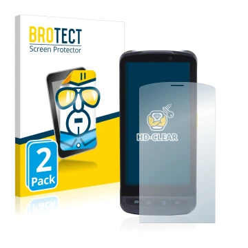 Parte frontal de un envase de producto con el logotipo de la marca BROTECT. Al lado se muestra el dispositivo Newland MT90 Orc