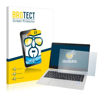 Parte frontal de un envase de producto con el logotipo de la marca BROTECT. Al lado se muestra el dispositivo HP EliteBook 830