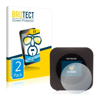Parte frontal de un envase de producto con el logotipo de la marca BROTECT. Al lado se muestra el dispositivo Netgear Nighthaw