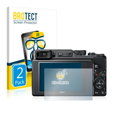 Parte frontal de un envase de producto con el logotipo de la marca BROTECT. Al lado se muestra el dispositivo Nikon Coolpix A1