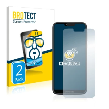 Parte frontal de un envase de producto con el logotipo de la marca BROTECT. Al lado se muestra el dispositivo Motorola Moto G7
