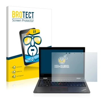 Parte frontal de un envase de producto con el logotipo de la marca BROTECT. Al lado se muestra el dispositivo Lenovo ThinkPad 