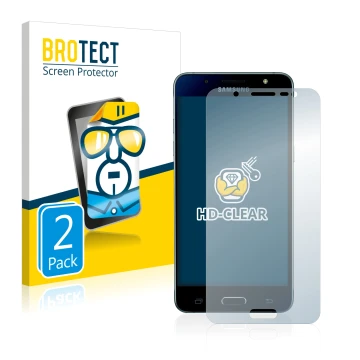 Parte frontal de un envase de producto con el logotipo de la marca BROTECT. Al lado se muestra el dispositivo Samsung Galaxy J