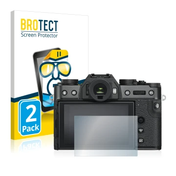 Parte frontal de un envase de producto con el logotipo de la marca BROTECT. Al lado se muestra el dispositivo Fujifilm X-T30 c