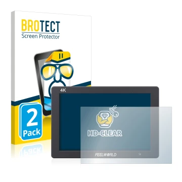 Parte frontal de un envase de producto con el logotipo de la marca BROTECT. Al lado se muestra el dispositivo Feelworld T7 7