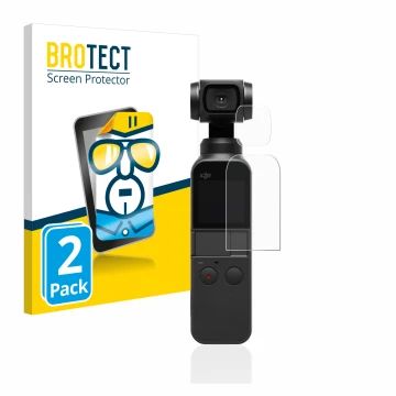 Parte frontal de un envase de producto con el logotipo de la marca BROTECT. Al lado se muestra el dispositivo DJI Osmo Pocket 