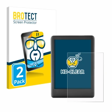 Parte frontal de un envase de producto con el logotipo de la marca BROTECT. Al lado se muestra el dispositivo Amazon Kindle 20