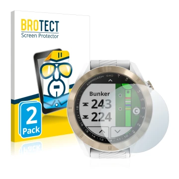 Parte frontal de un envase de producto con el logotipo de la marca BROTECT. Al lado se muestra el dispositivo Garmin Approach 