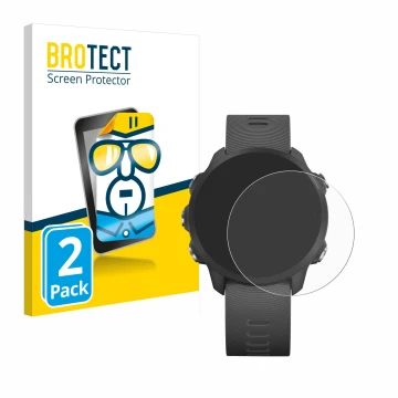 Parte frontal de un envase de producto con el logotipo de la marca BROTECT. Al lado se muestra el dispositivo Garmin Forerunne