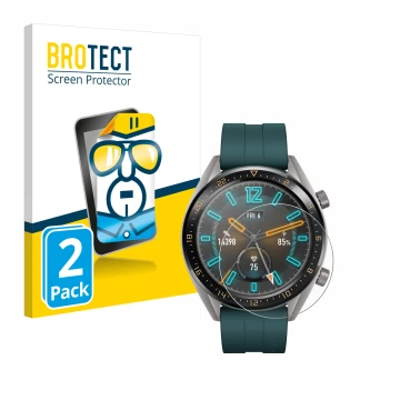 Parte frontal de un envase de producto con el logotipo de la marca BROTECT. Al lado se muestra el dispositivo Huawei Watch GT 